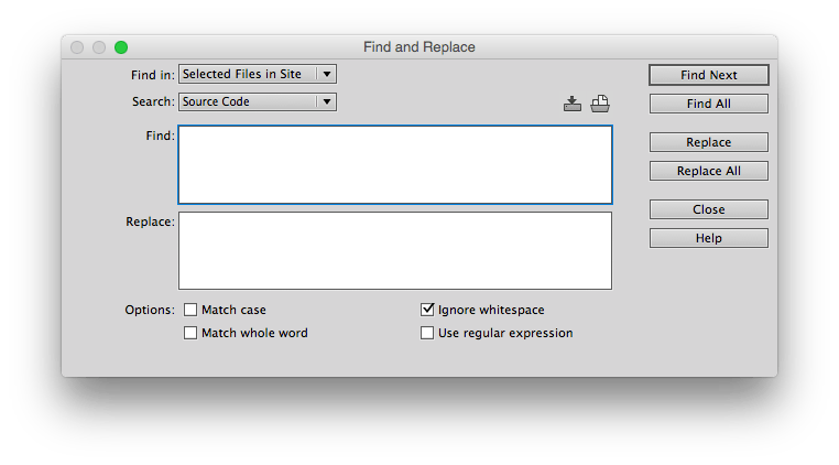 Dreamweaver find and replace popup window